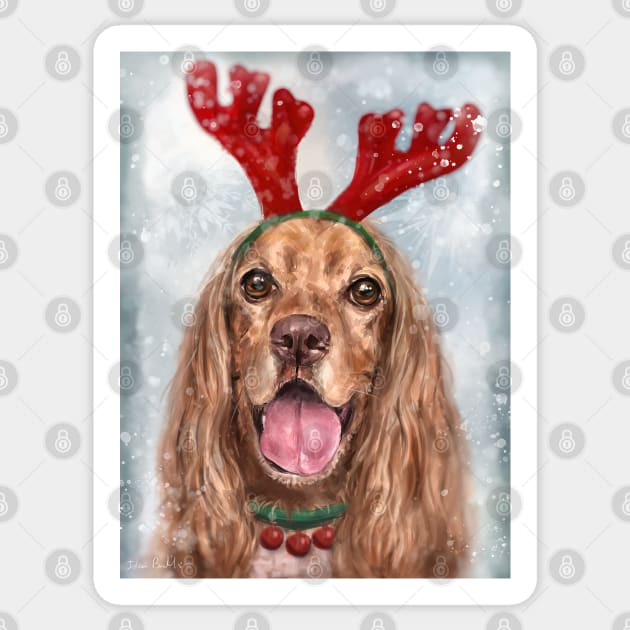 Painting of a Smiling Cocker Spaniel with a Reindeer Headpiece Antlers Costume in the Snow Sticker by ibadishi